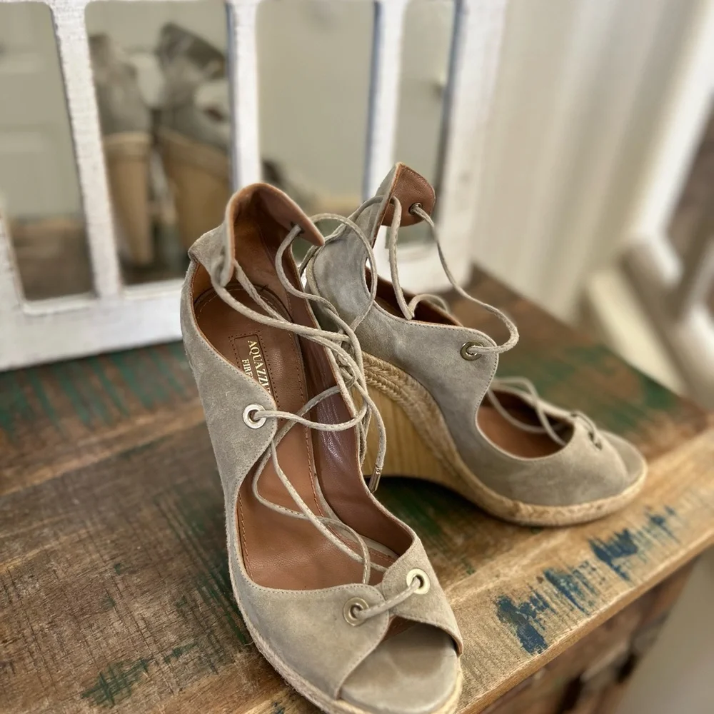 Aquazzura Taupe Lace-Up Espadrilles - Picture 1 of 8